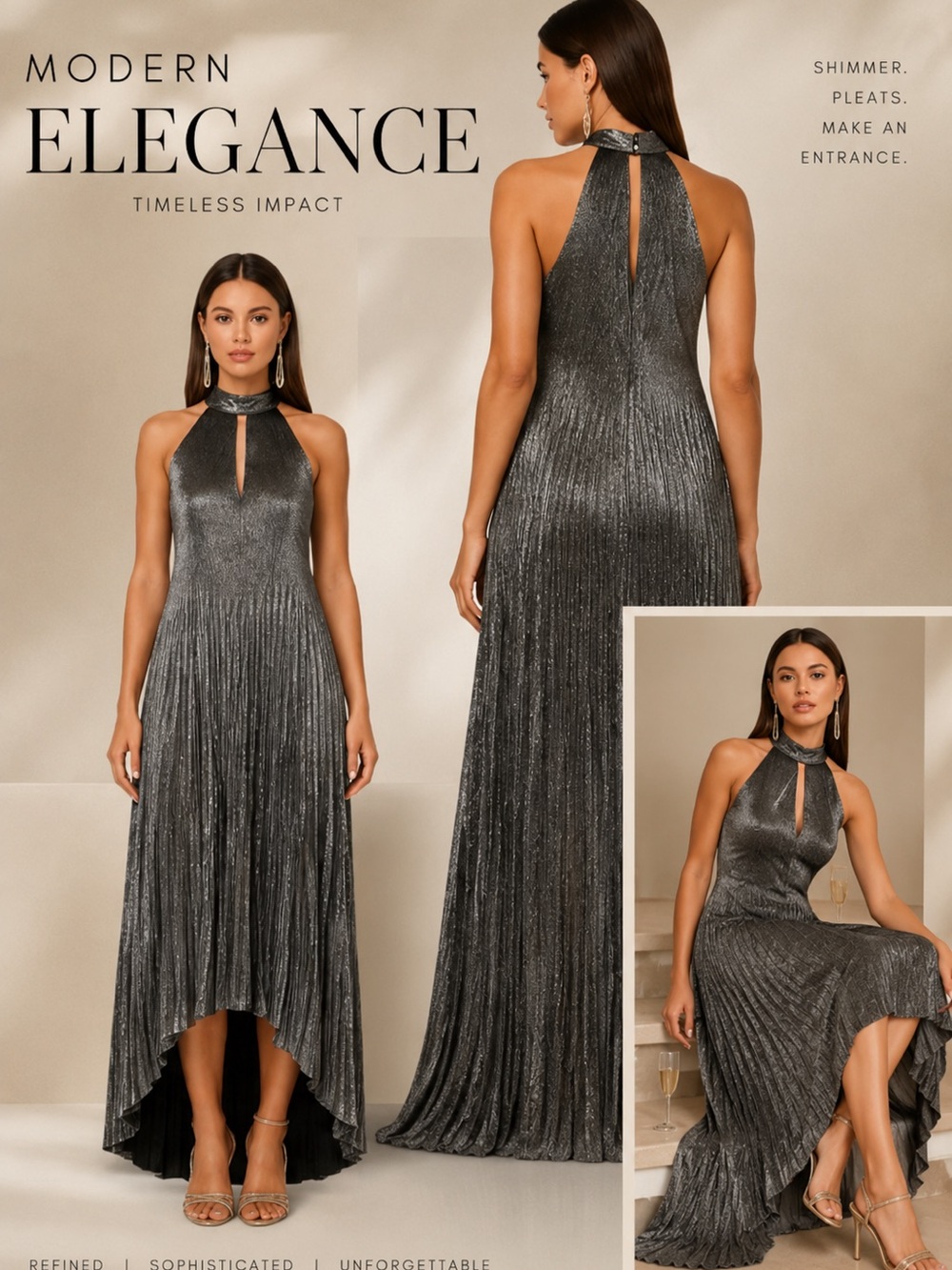 Adrianna Papell Gunmetal Pleated Maxi Dress 2 NWT Formal Wedding Guest